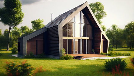 Modern house with a green garden. Generative AI illustrationの素材
