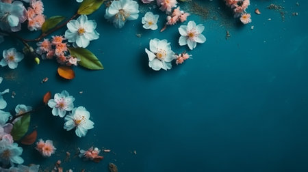 Flowers on a blue table. Generative AI Illustrationの素材
