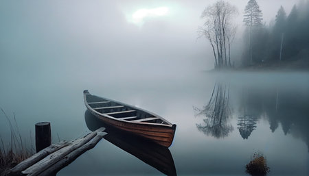 Small boat on the lake during the fog. Generative AI Illustrationの素材