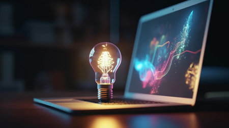 The light bulb is on in front of the laptop. Generative AI illustratorの素材