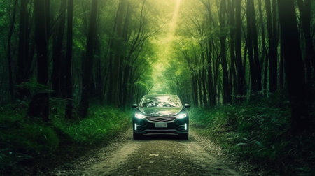 Car in the woods. Generative AI illustrationの素材