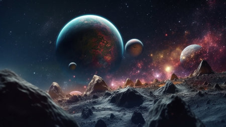 View from a lifeless planet to space and planets. Generative AI Illustrationの素材