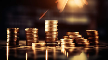 There are a lot of gold coins on the table. Generative AI illustratorの素材