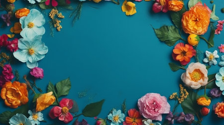 Flowers on a blue table. Generative AI Illustrationの素材