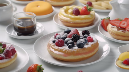 Berries and fruits with pancakes for breakfast. Generative AI Illustrationの素材