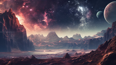 View from a lifeless planet to space and planets. Generative AI Illustrationの素材