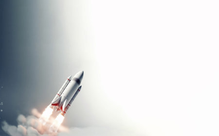 The rocket takes off on a white background. Generative AI illustrationの素材
