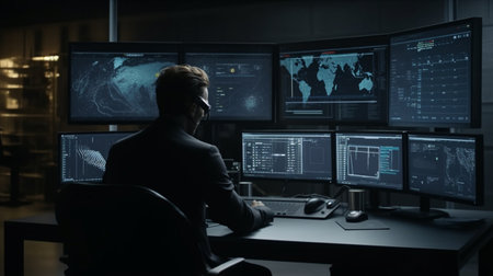 A man sits in front of monitors. Generative AI illustratorの素材