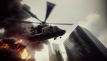 A downed helicopter crashes in the city. AI Generative Illustrationの素材