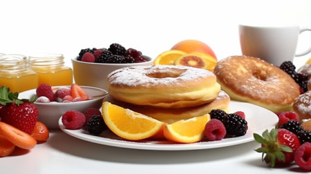 Berries and fruits with pancakes for breakfast. Generative AI Illustrationの素材