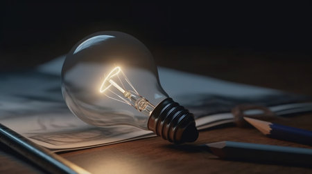 Light bulb over notebook. Generative AI Illustrationの素材