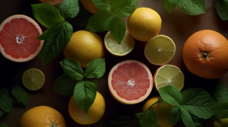 Sliced citrus fruits on the table. Generative AI Illustrationの素材