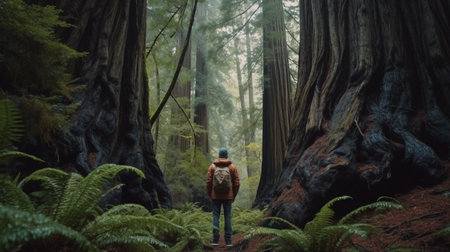 A man walks through the forest. Generative AI Illustrationの素材