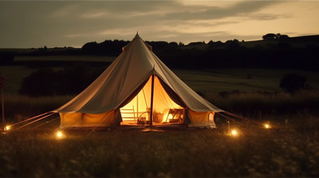 The tents are pitched on the field. Generative AI illustratorの素材