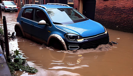 The car is sinking in the city. Generative AI Illustrationの素材
