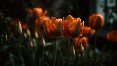 Yellow tulips with dew. Generative AI Illustrationの素材