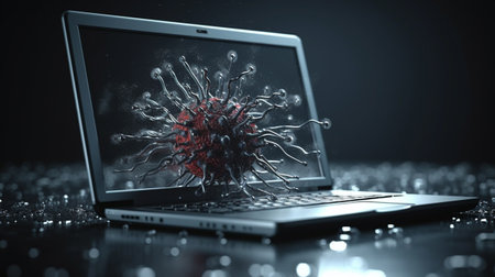 Open laptop and virus. Generative AI illustratorの素材