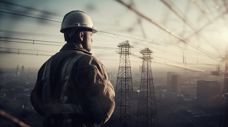 A man in a helmet at the electric towers. Generative AI illustratorの素材