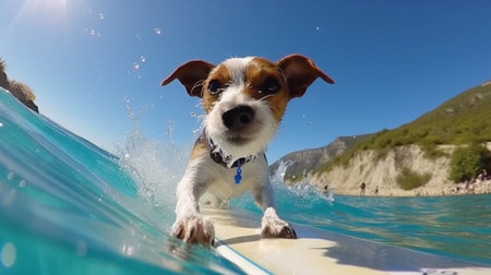 The dog rides the waves with a board. Generative AI Illustrationの素材