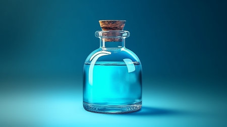 Vessels with blue liquid on the table. Generative AI illustrationの素材