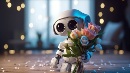 Little robot with flowers. Generative AI Illustrationの素材