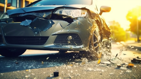 Downed car on the road. Generative AI Illustrationの素材