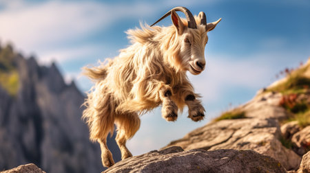 The goat jumps on the rocks in the mountains. Generative AI Illustrationの素材