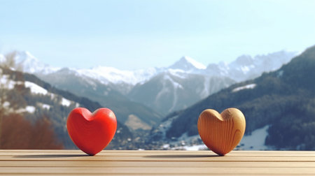 Red hearts on the background of mountains. Generative AI illustration:の素材