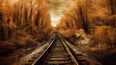 Train rails goes through the autumn forest. Generative AI Illustrationの素材