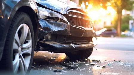 Downed car on the road. Generative AI Illustrationの素材