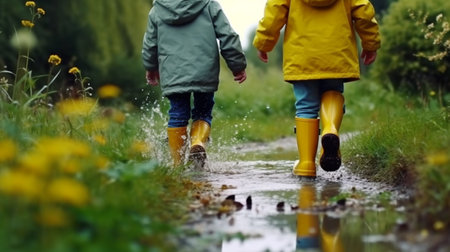The children are walking in the puddles. Generative AI Illustrationの素材