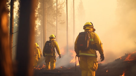 Fireman in a hot forest. Generative AI Illustrationの素材