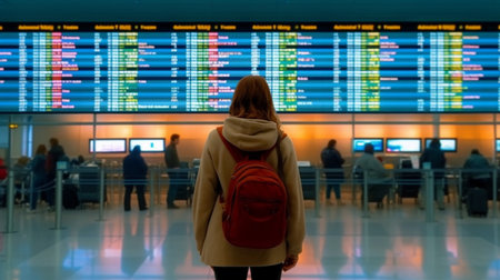 Woman with a backpack at the airport. Generative AI illustratorの素材