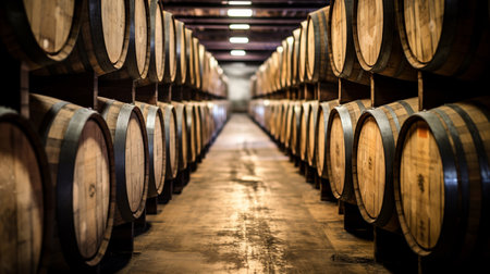 Wine barrels in the cellar of a winery. Selective focus.の素材