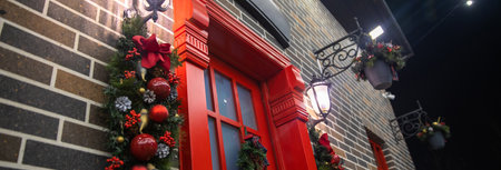 Entrance to the house with Christmas decorations. holidayの写真素材