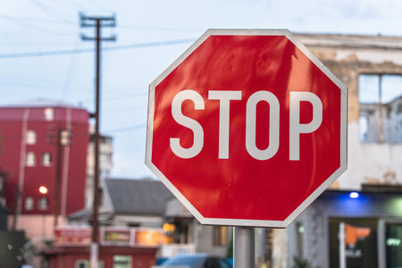 Stop road sign on the streetの写真素材