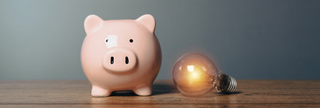 Piggy bank and light bulb on the tableの写真素材
