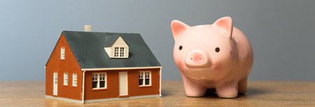 Piggy bank and a house on a wooden tableの写真素材