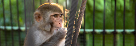 A little monkey is sitting in a cage and watchingの写真素材