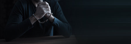 prayer man hand handcuffs on dark backgroundの写真素材