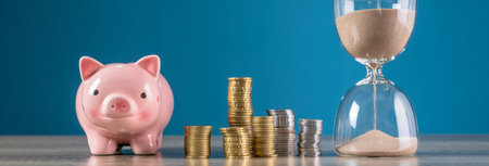 Piggy bank, coins and hourglass on the tableの写真素材