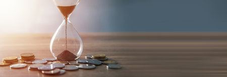 hourglass with coins on tableの写真素材
