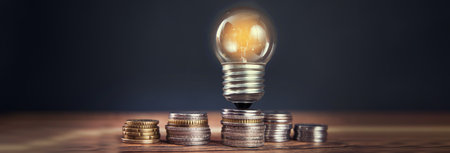 coins with light bulb on tableの写真素材
