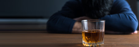 sad man hand alcohol glass on deskの写真素材