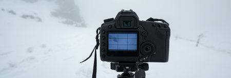 professional camera on a tripod in winter mountainの写真素材