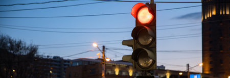 Red traffic light in the city streetの写真素材