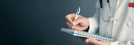 doctor hand document and pen on gray backgroundの写真素材