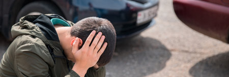 sad man and car accident in street backgroundの写真素材