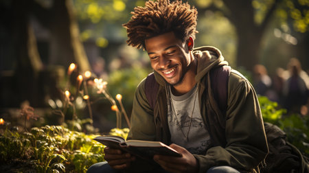 African boy reading a book in the forestの素材