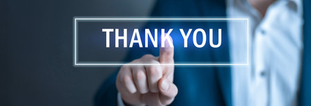 young man hand thank you text in screenの写真素材